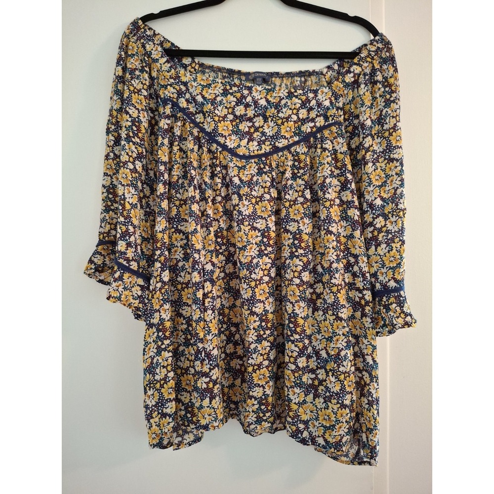 Democracy Yellow & Blue Floral Womens Top. On/off Shoulder W/ Flutter Sleeve. 2X